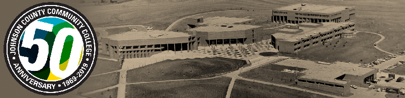 An image of the JCCC campus from the 1970s overlaid by a circle logo indicating 50 years. 