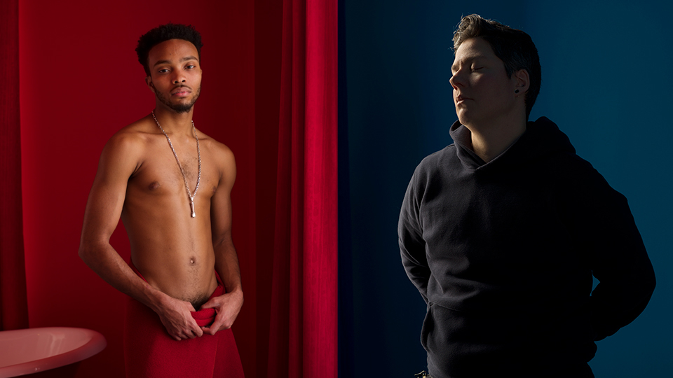 2 photos by Jess T. Dugan - one showing a shirtless individual standing in front of a red background, the other a self-portrait of the artist in front of a blue background 